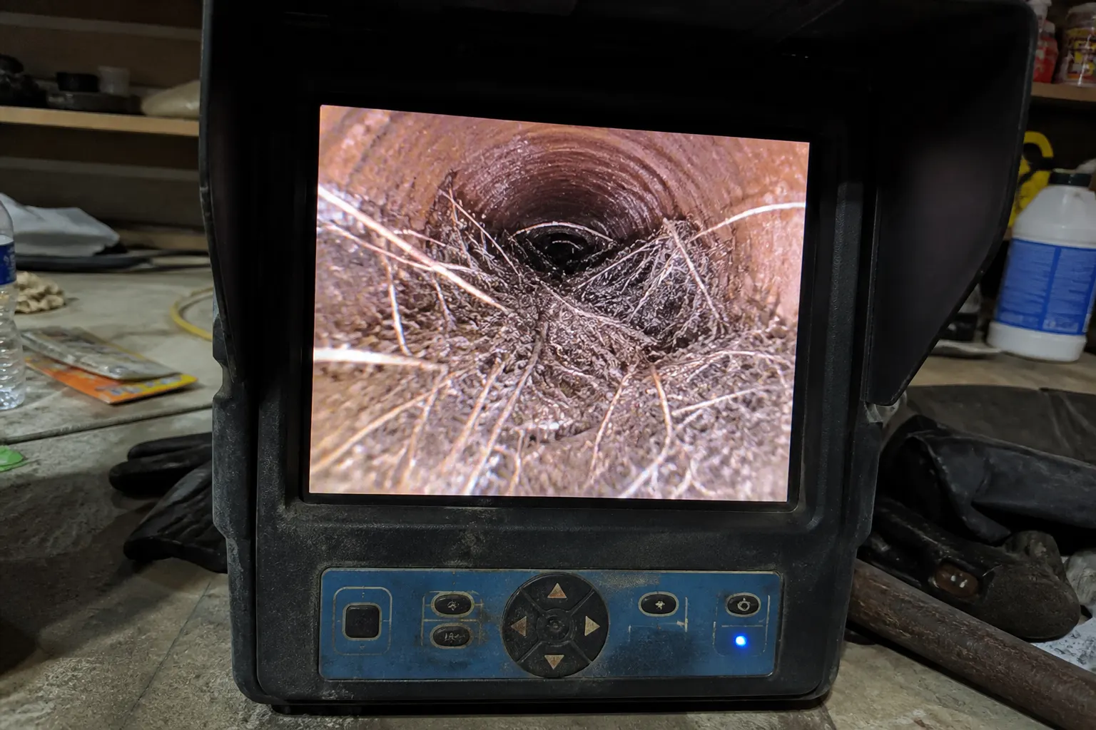 Sewer camera view of tree roots in a Tampa drain line Sewer camera view of tree roots in a Tampa drain line